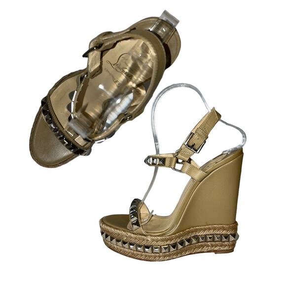 Christian Louboutin Shoes - Christian Louboutin Cataclou Studded Beige Leather Espadrille Wedges Size 39